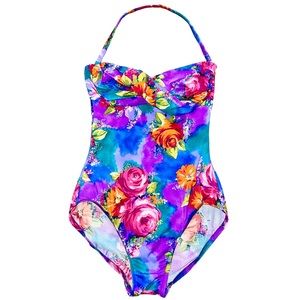 M VTG Mainstream One Piece Floral Print Strapless Twisted Bust Halter Swimsuit